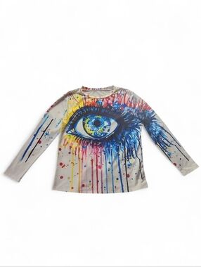 Long-Sleeve Paint Graphic Tee with Colorful Eye Print - White